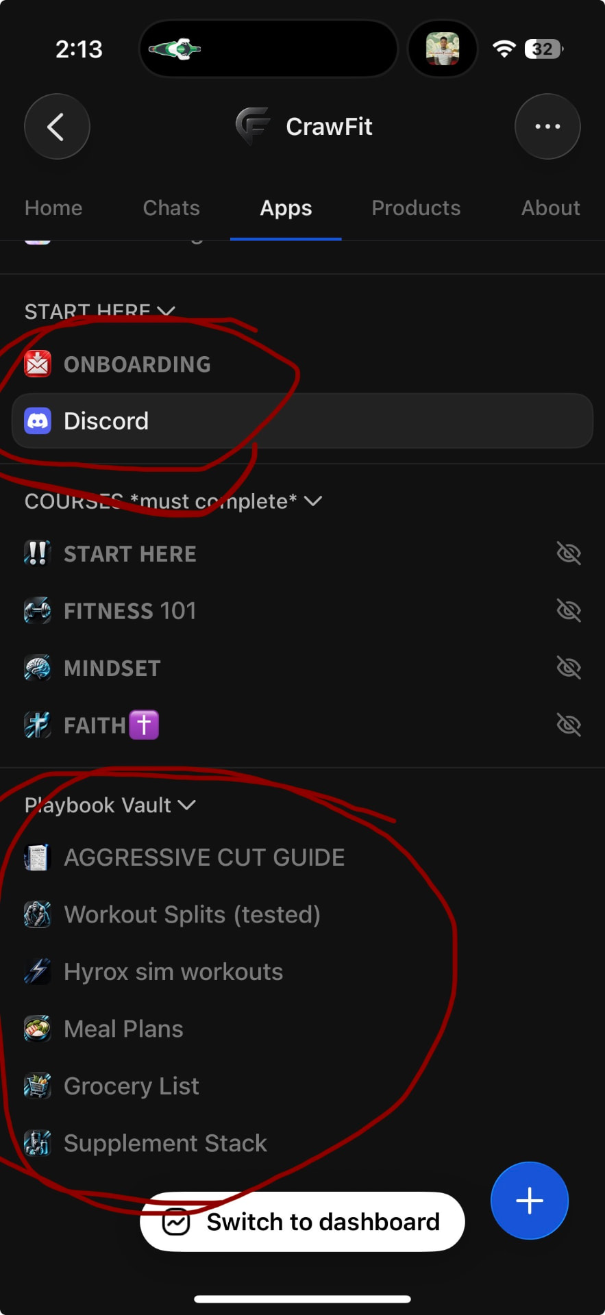 Onboarding, Discord, courses and Playbook Vault list inside the CrawFit app