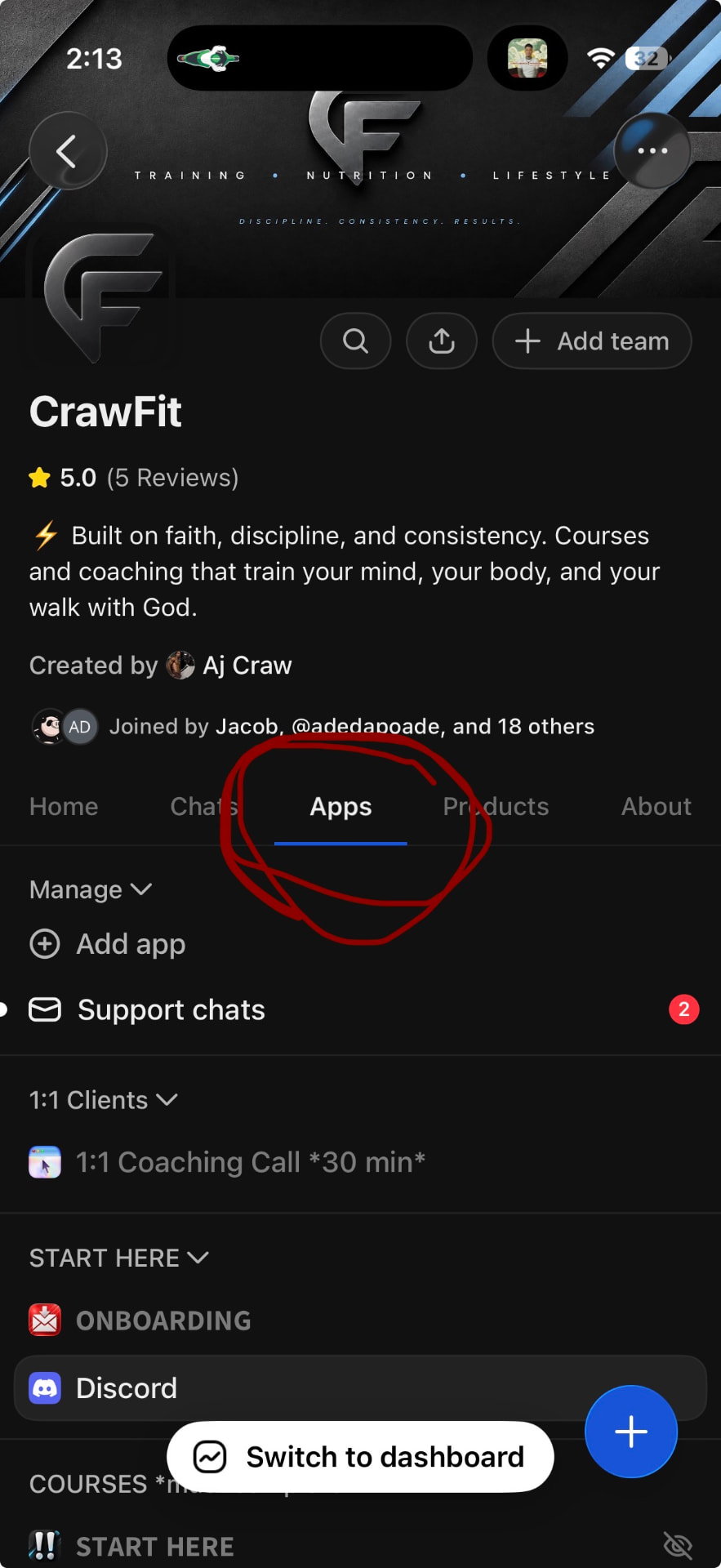 CrawFit page inside Whop with the Apps tab selected